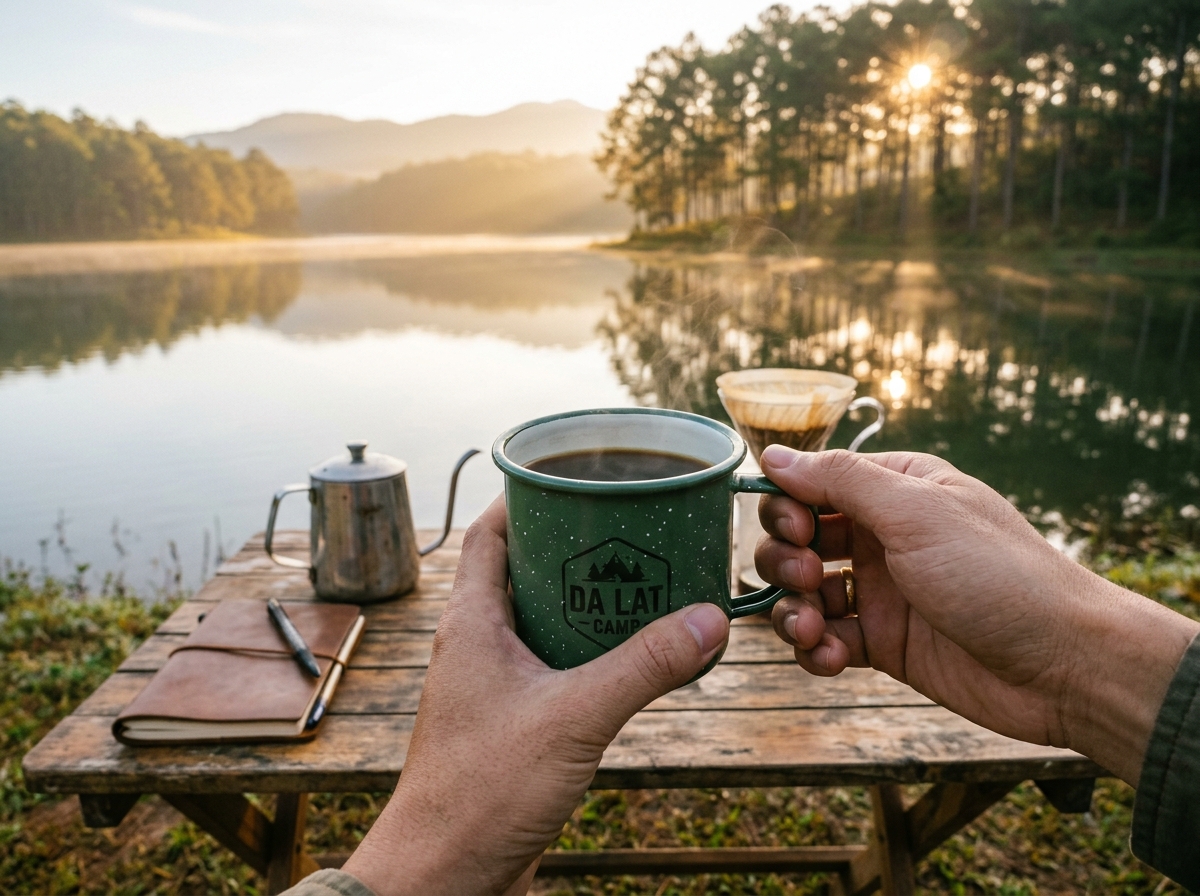 Morning pour-over coffee surrounded by pine trees